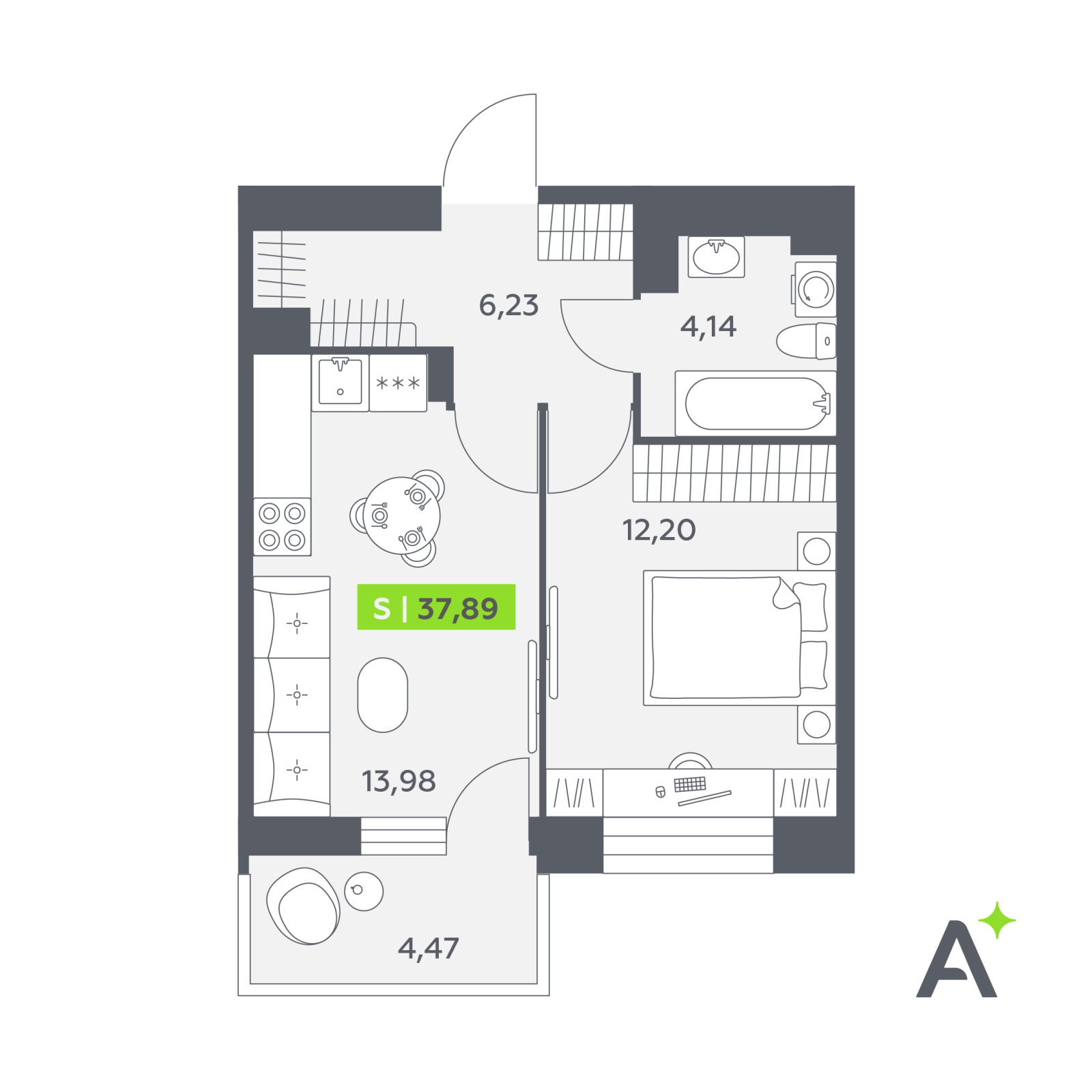 Планировка: 2-комнатная квартира, 37,9 м²
