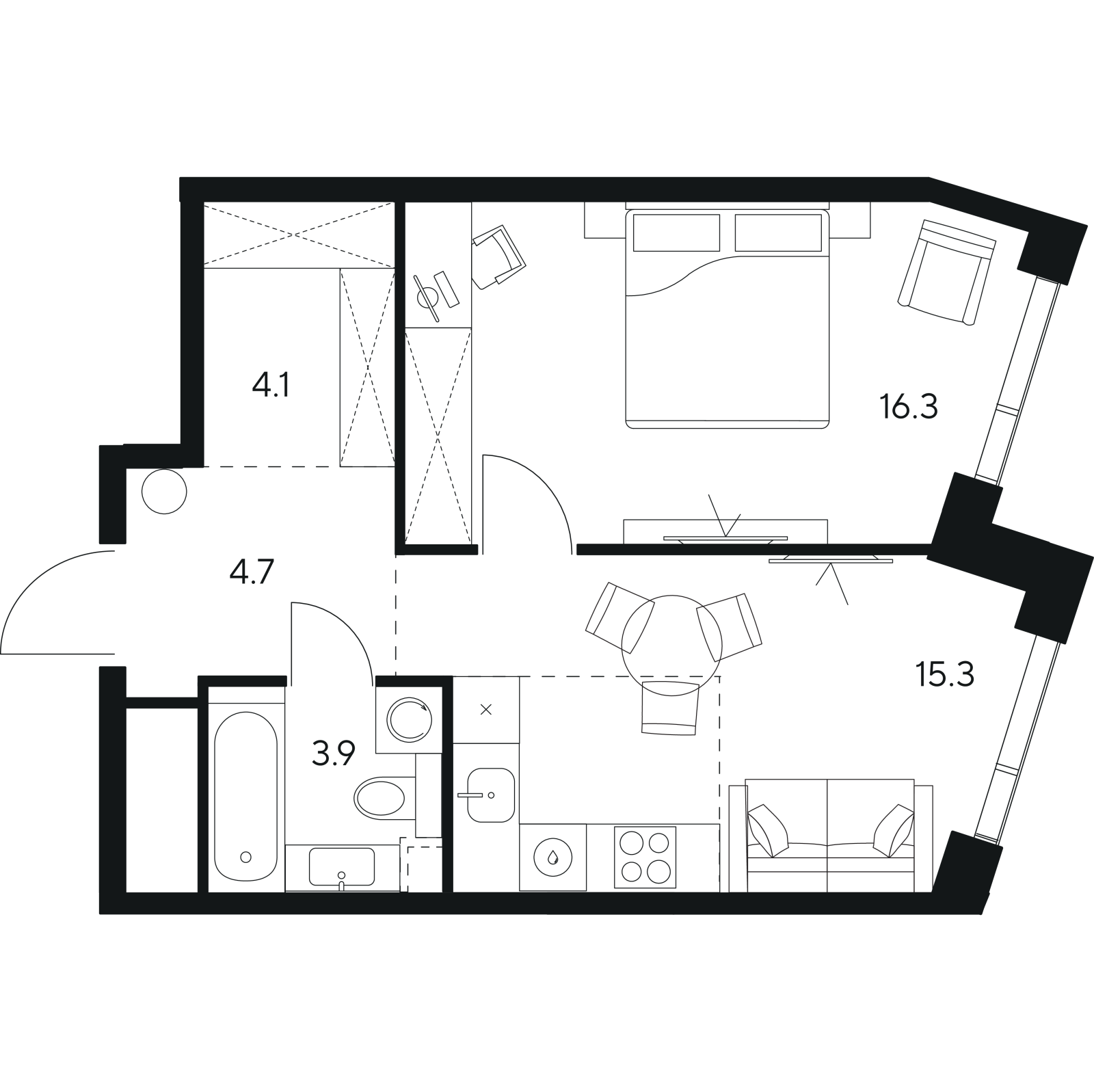 Планировка: 1-комнатная квартира, 44,3 м²