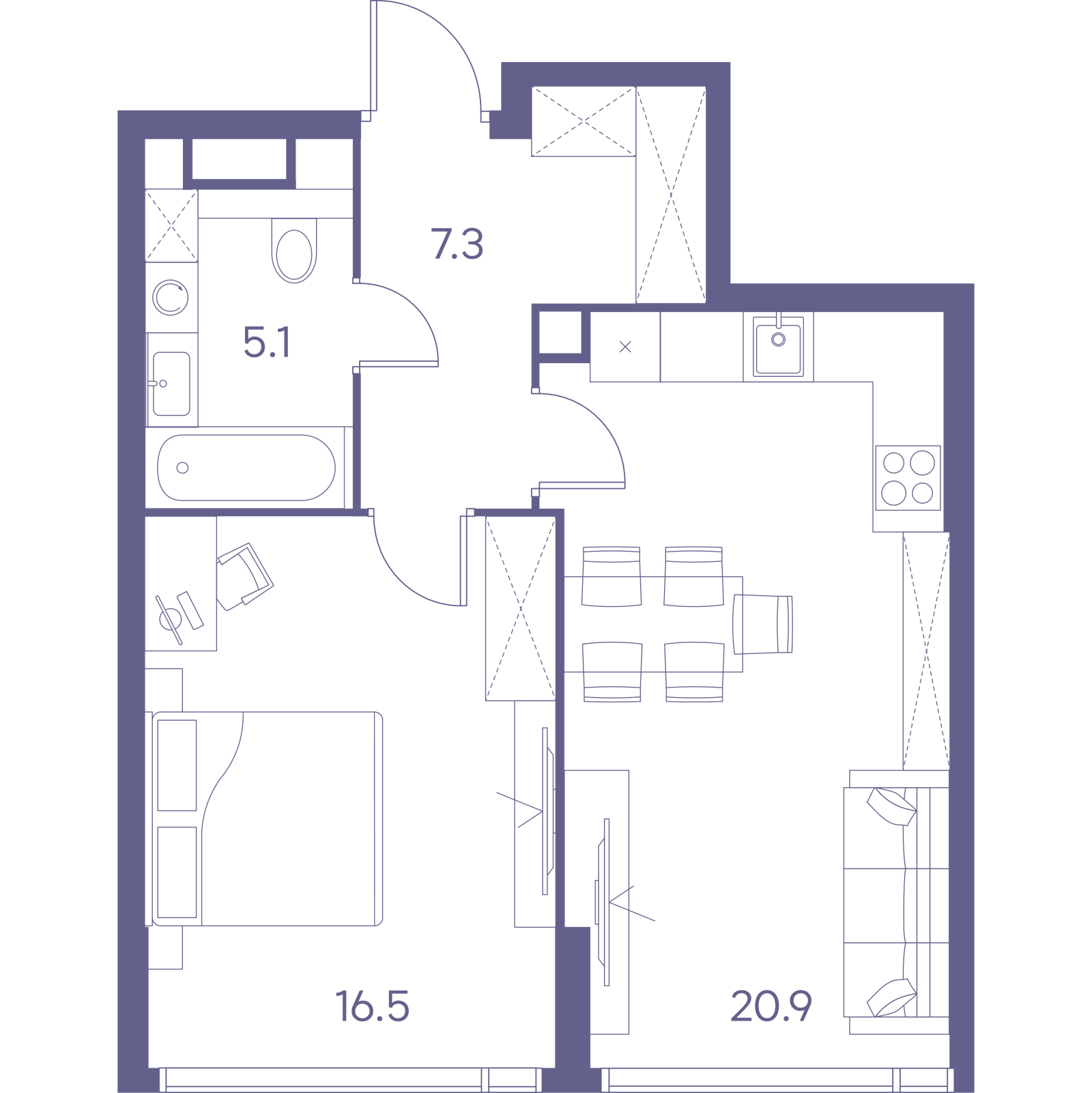 Планировка: 2-комнатная квартира, 49,8 м²