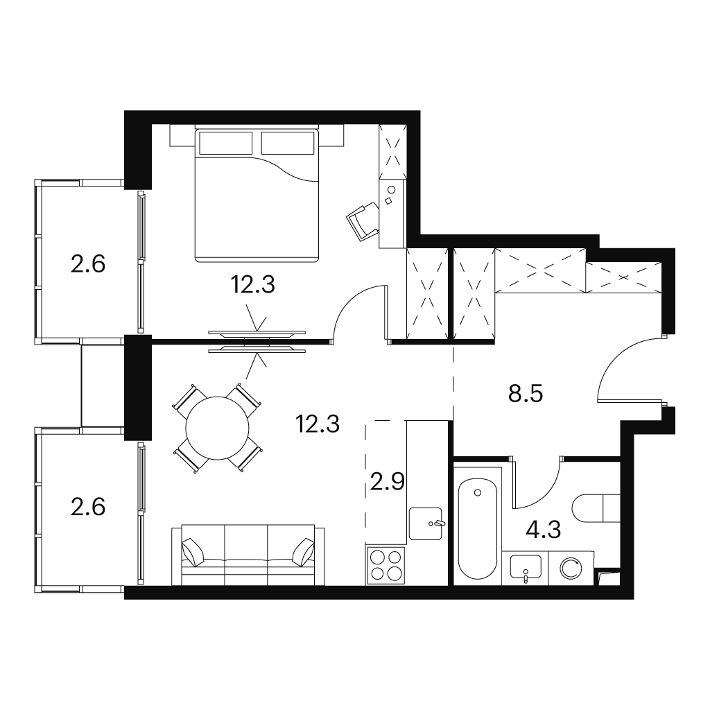 Планировка: 2-комнатная квартира, 45,5 м²