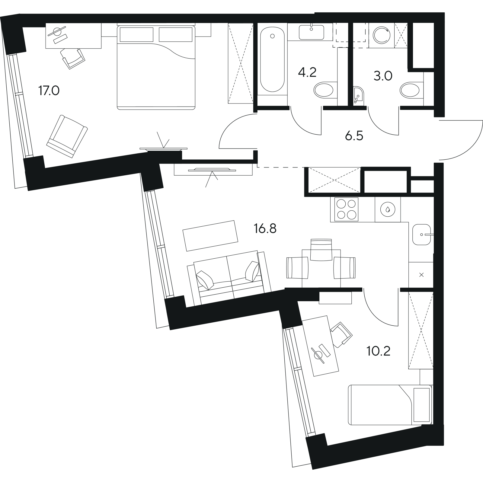 Планировка: 3-комнатная квартира, 57,7 м²