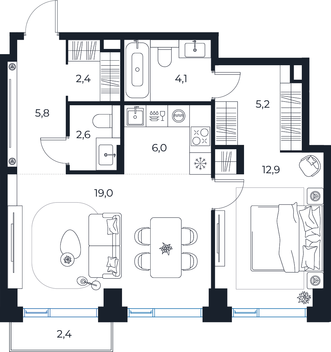 Планировка: 1-комнатная квартира, 58,7 м²