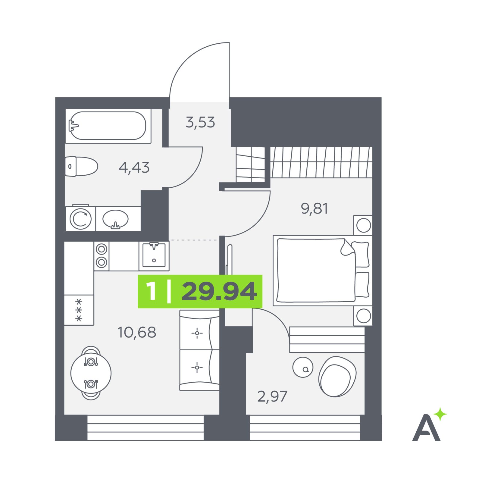 Планировка: 1-комнатная квартира, 29,9 м²