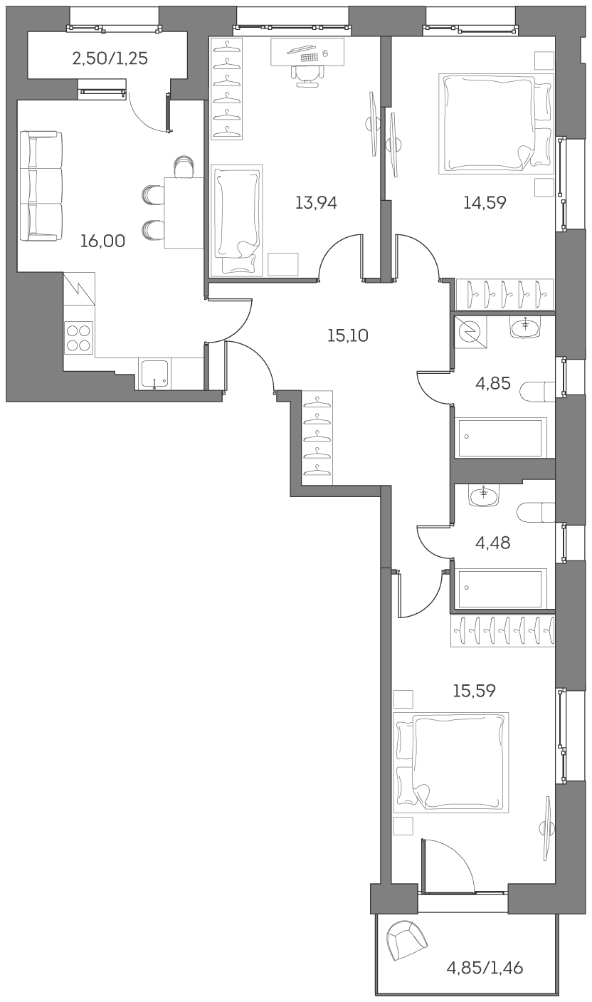 Планировка: 4-комнатная квартира, 87,3 м²