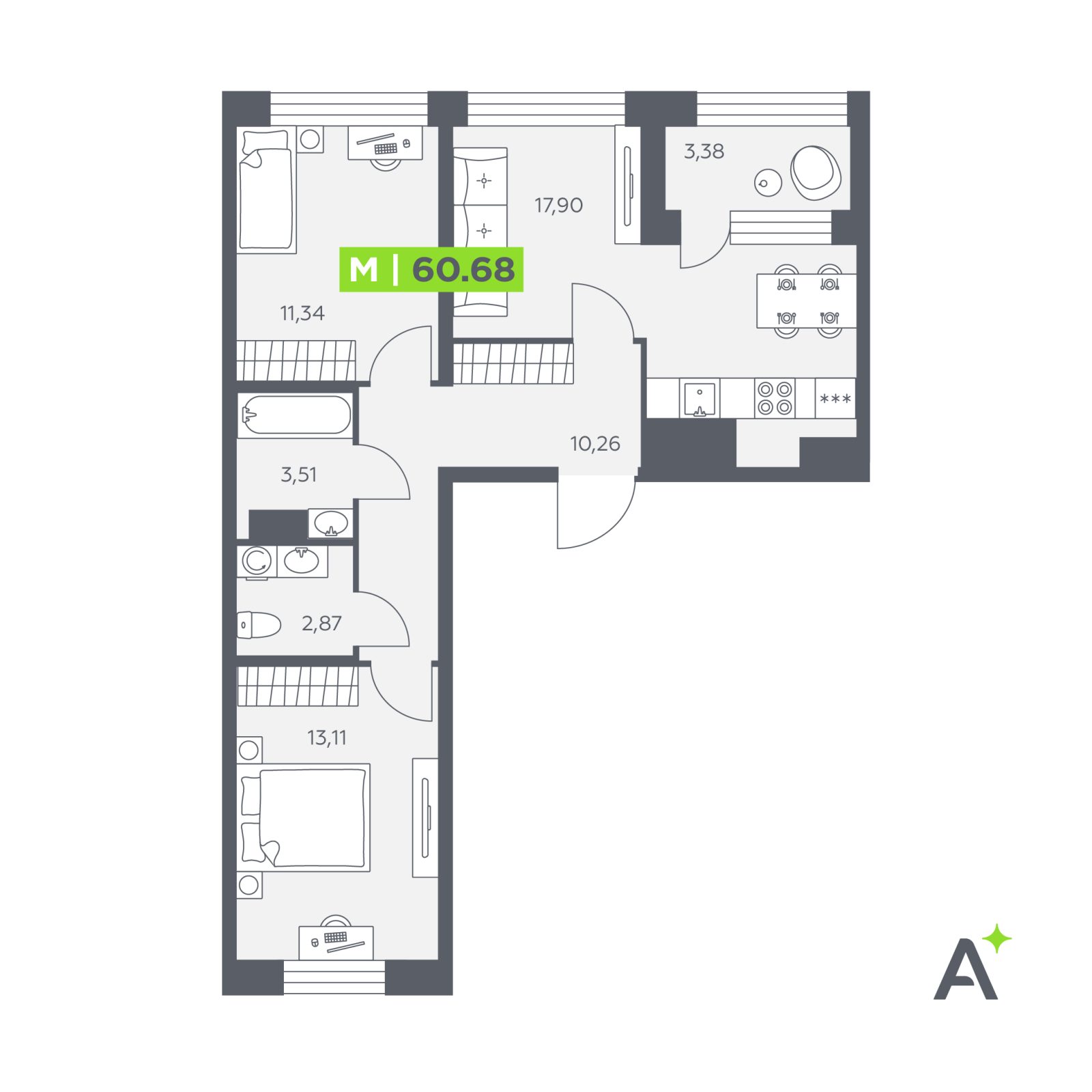 Планировка: 3-комнатная квартира, 60,7 м²