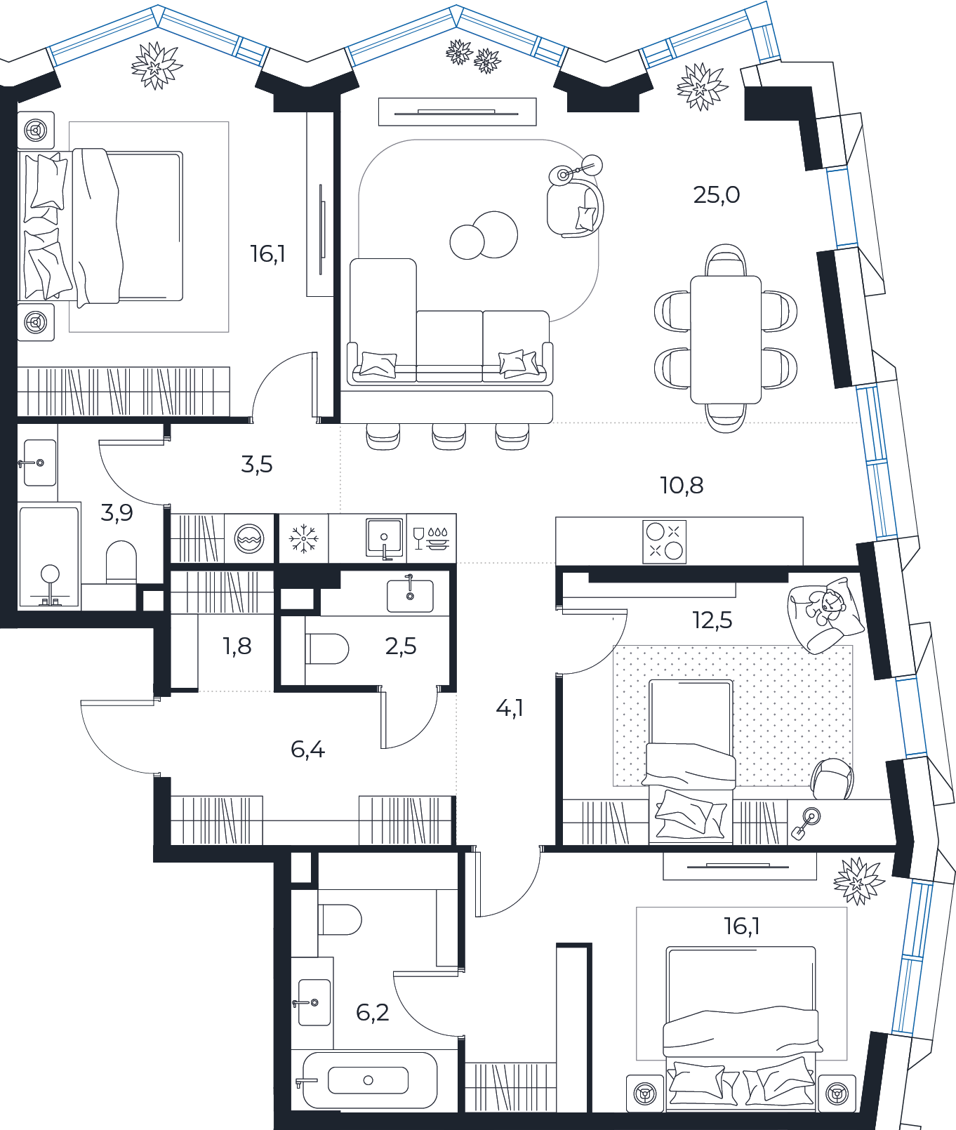 Планировка: 3-комнатная квартира, 108,9 м²