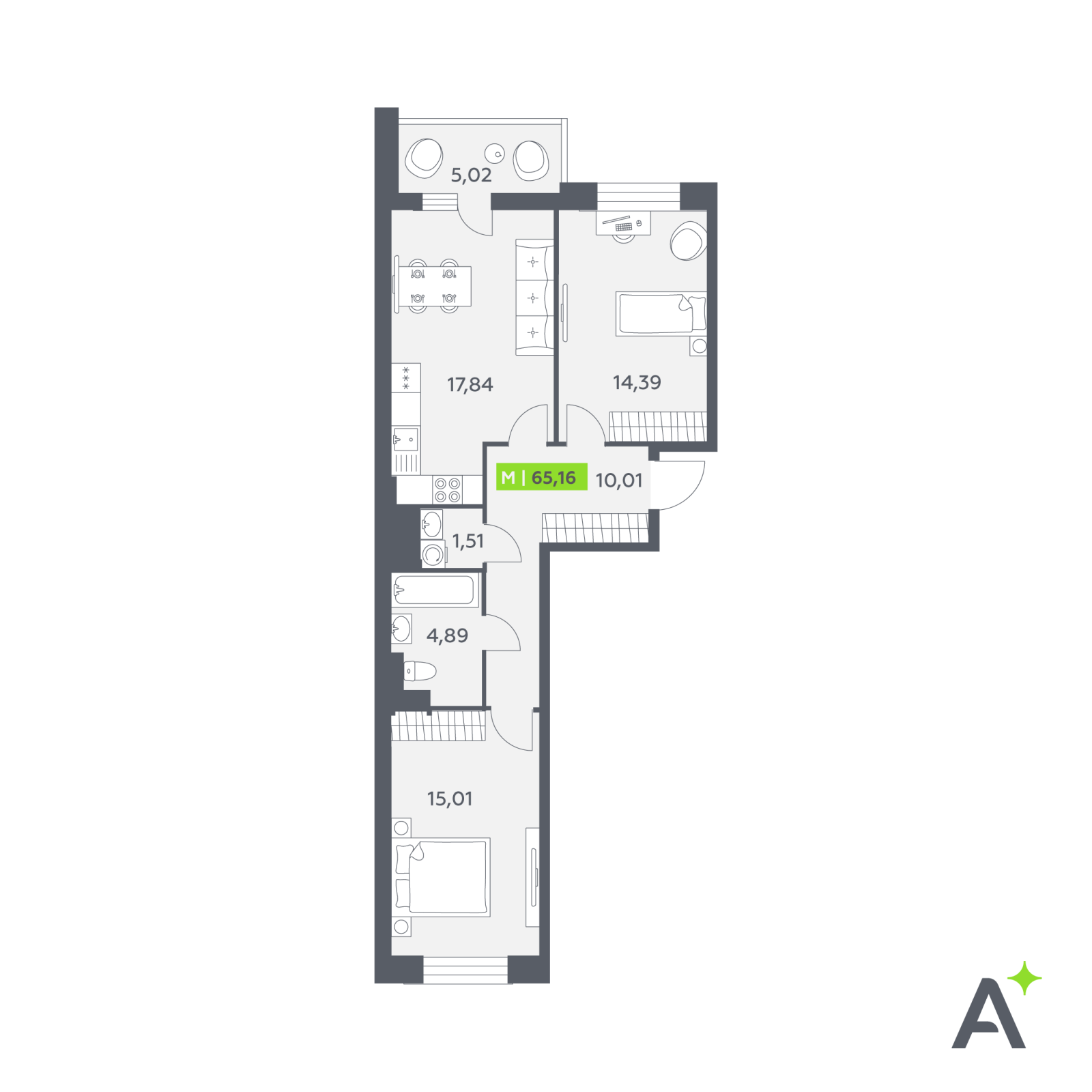 Планировка: 3-комнатная квартира, 65,2 м²