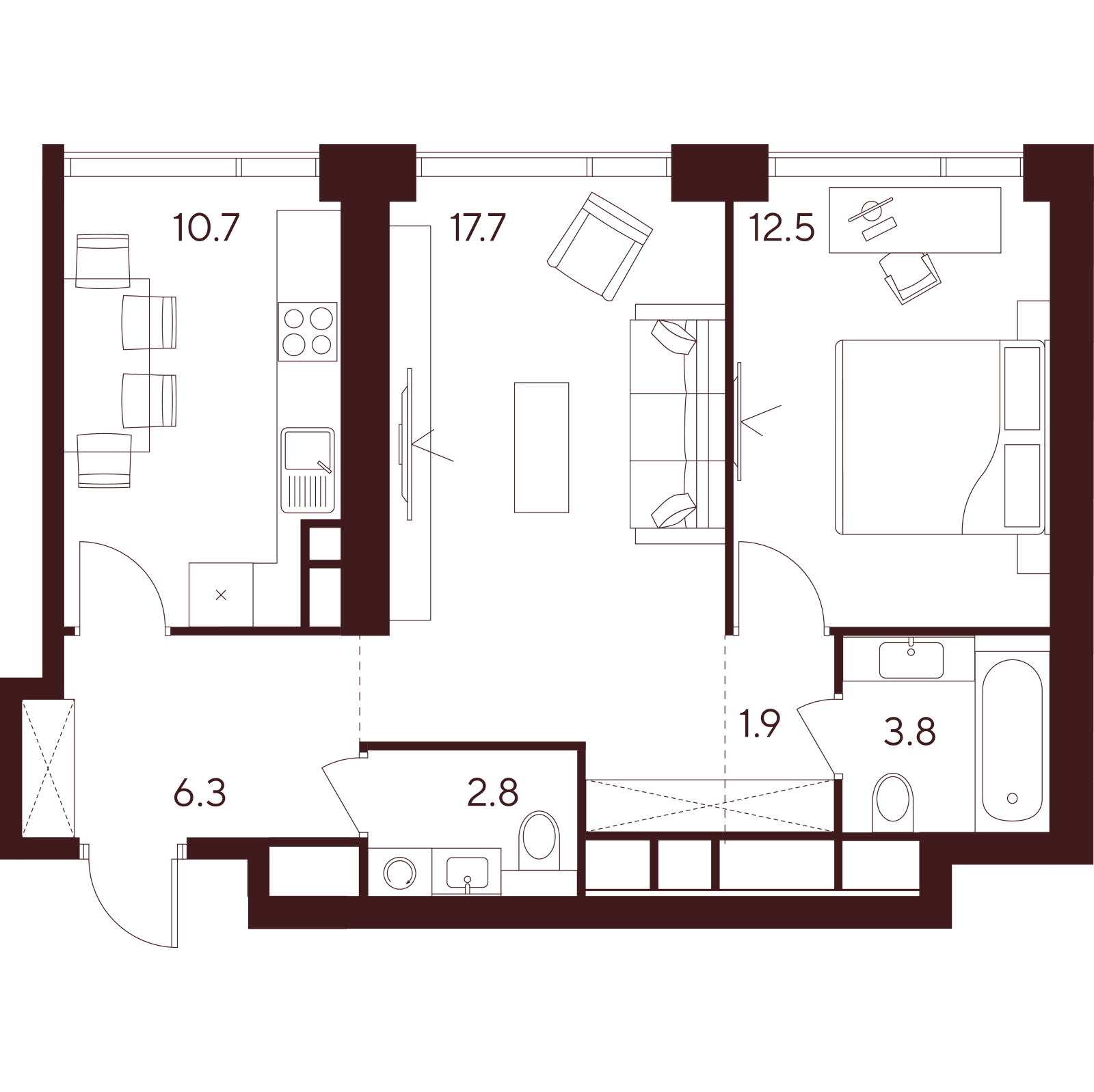 Планировка: 2-комнатная квартира, 55,7 м²