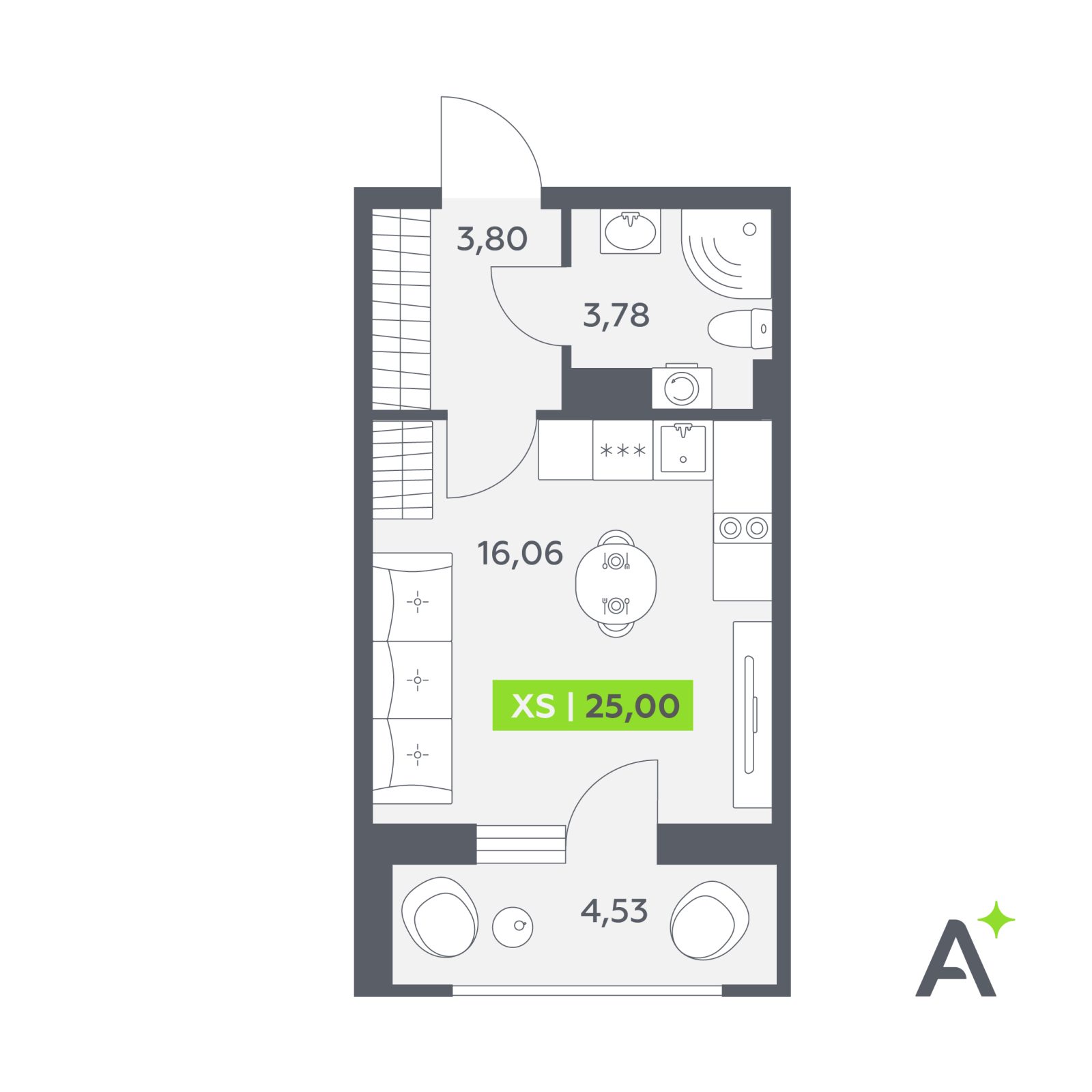 Планировка: студия, 25,0 м²