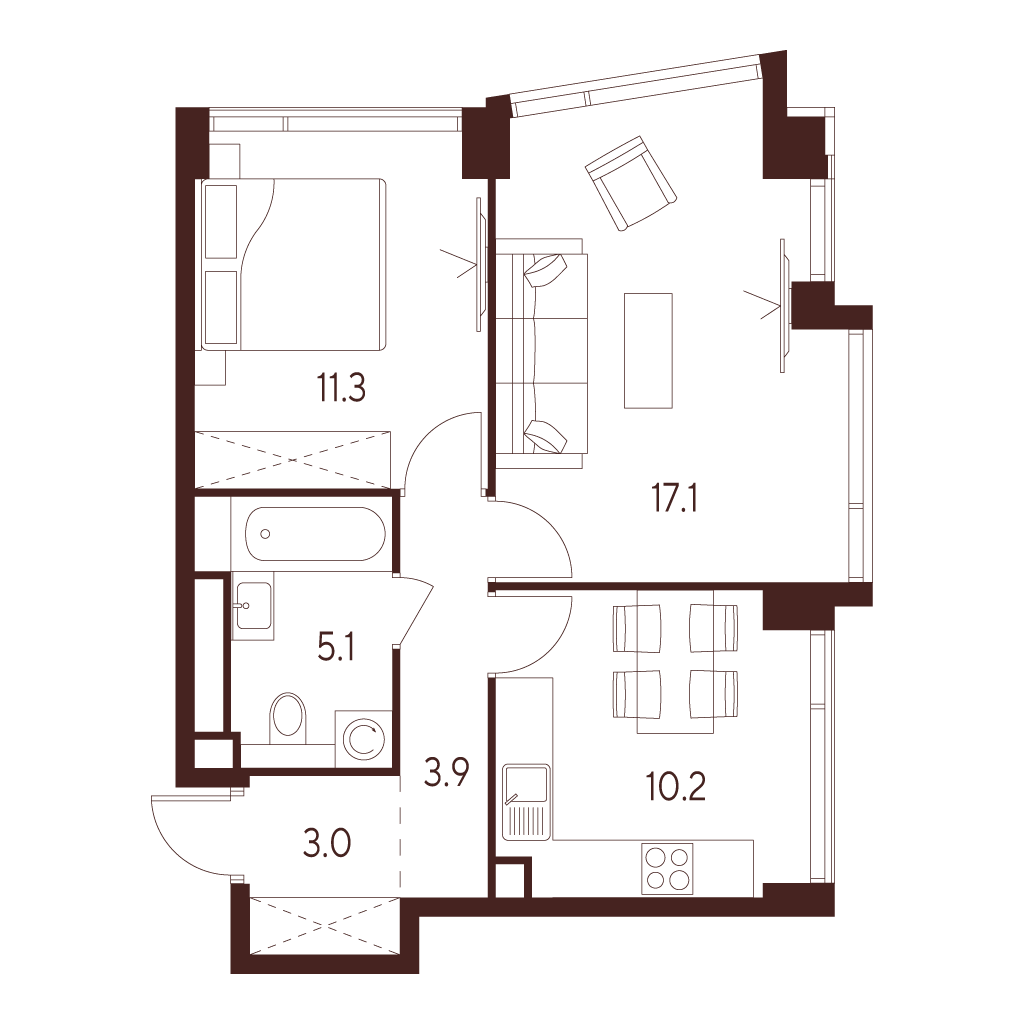 Планировка: 2-комнатная квартира, 50,6 м²