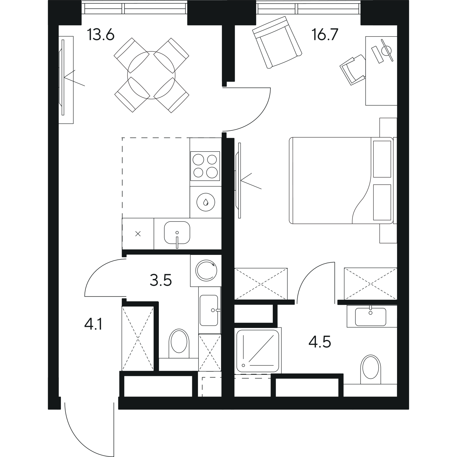 Планировка: 1-комнатная квартира, 42,4 м²