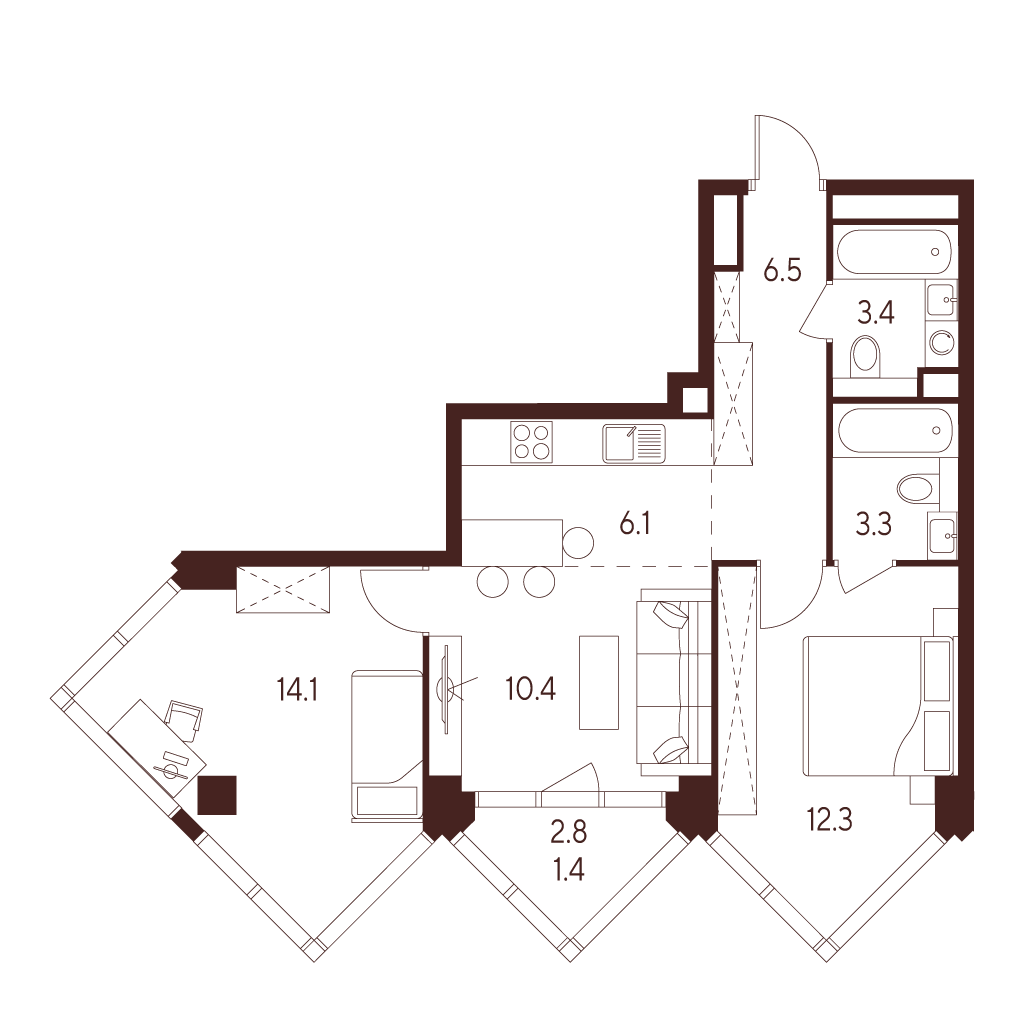 Планировка: 3-комнатная квартира, 57,5 м²