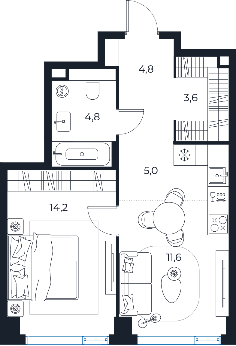 Планировка: 1-комнатная квартира, 44,0 м²