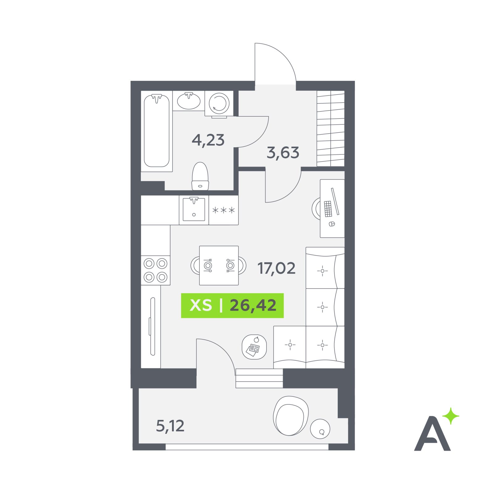 Планировка: студия, 26,4 м²