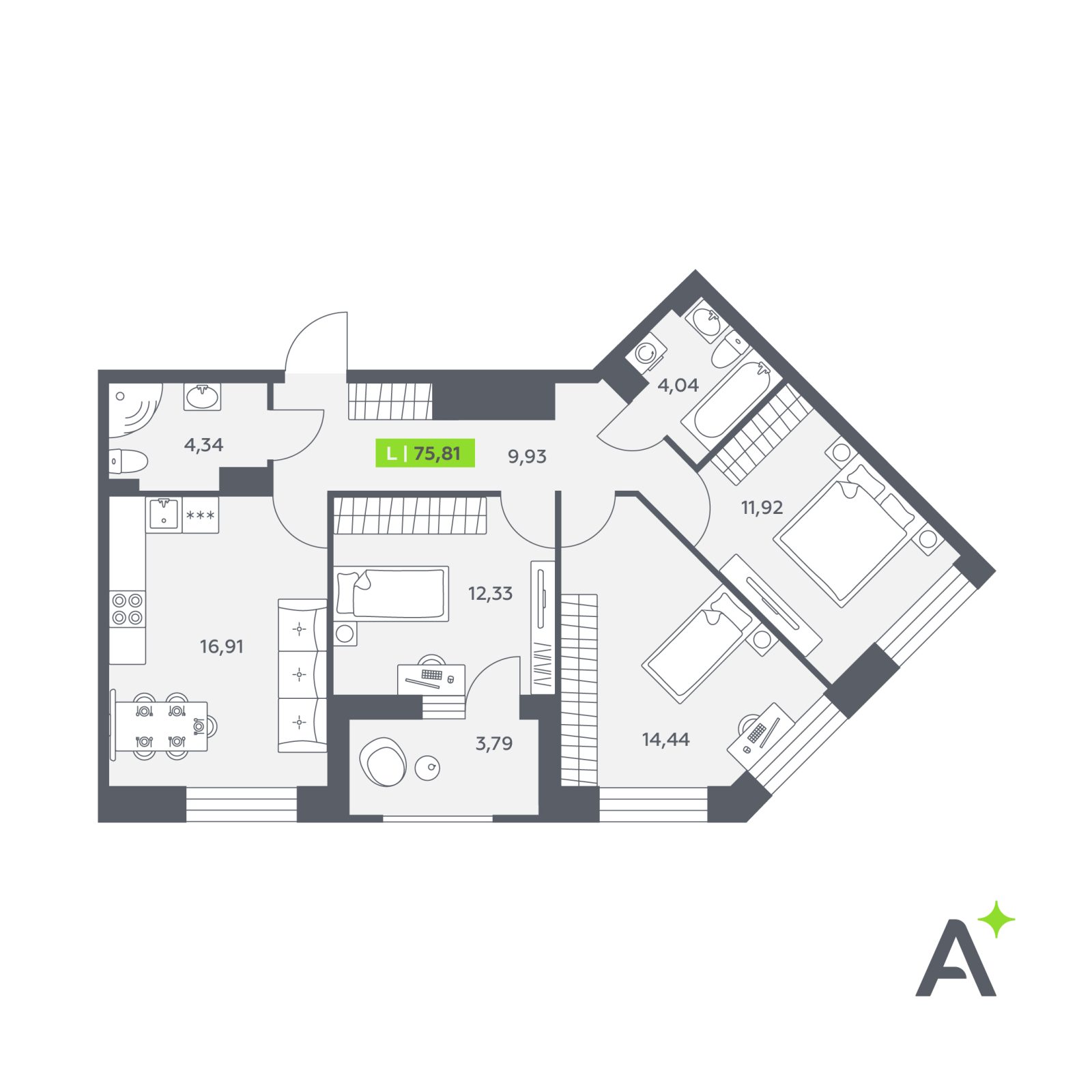 Планировка: 4-комнатная квартира, 75,8 м²