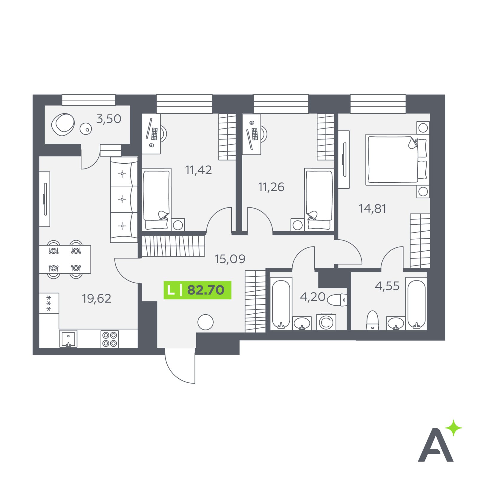 Планировка: 4-комнатная квартира, 82,7 м²