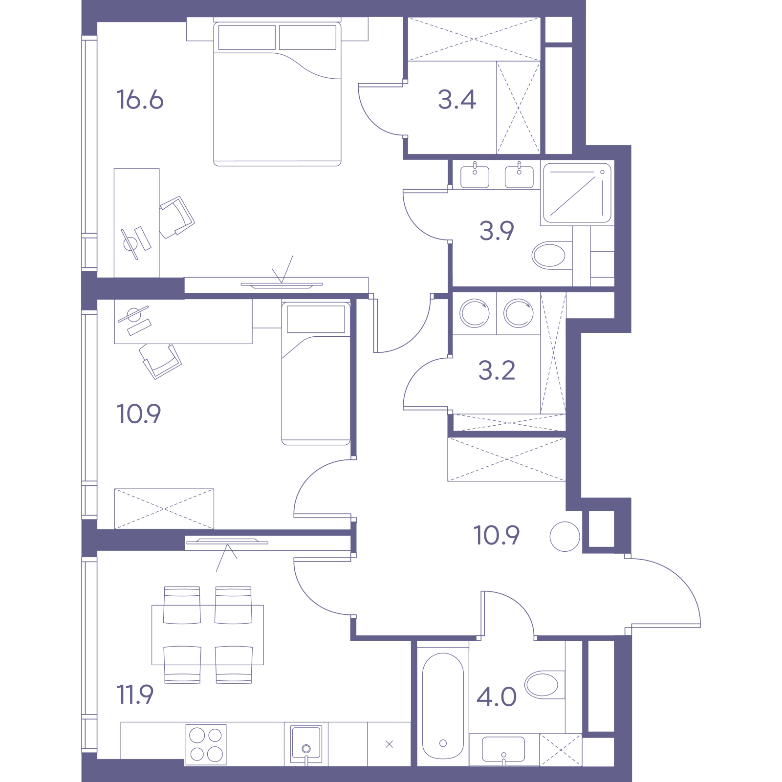 Планировка: 2-комнатная квартира, 64,8 м²