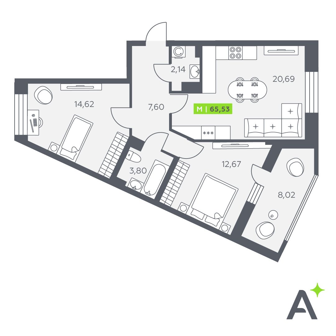 Планировка: 3-комнатная квартира, 65,5 м²