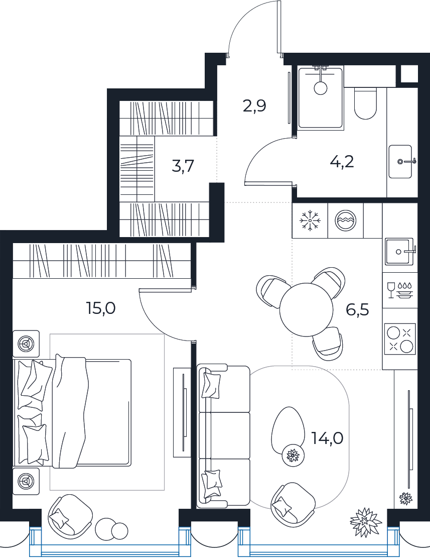 Планировка: 1-комнатная квартира, 46,3 м²