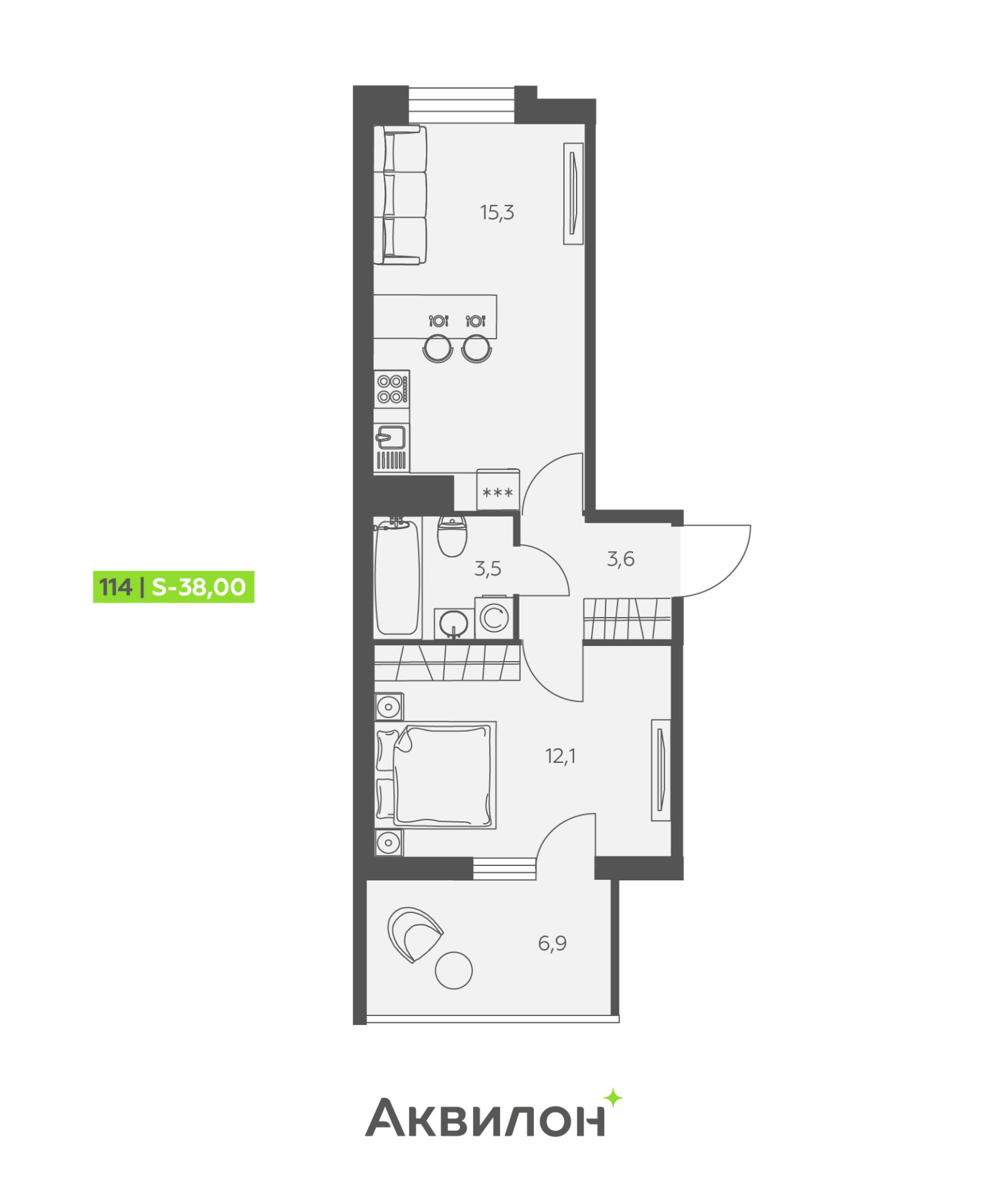 Планировка: 2-комнатная квартира, 38,0 м²