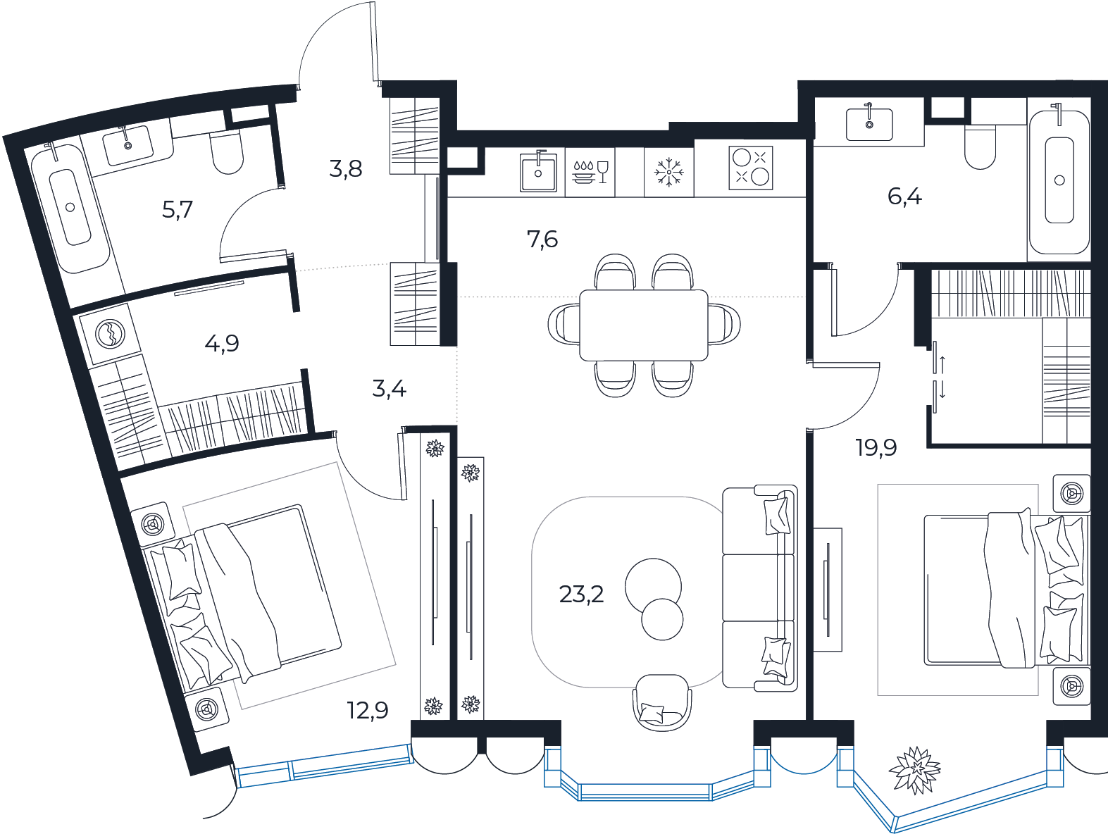 Планировка: 2-комнатная квартира, 87,6 м²