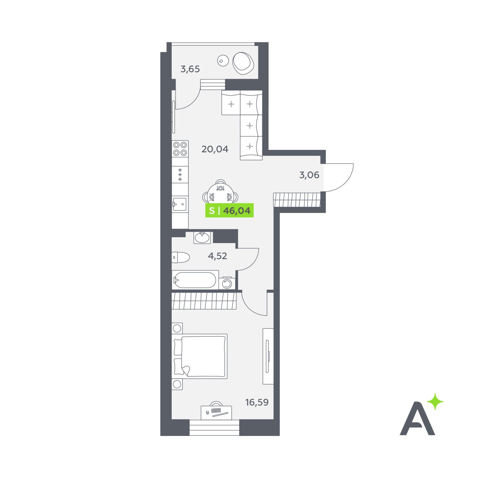 Планировка: 2-комнатная квартира, 46,0 м²