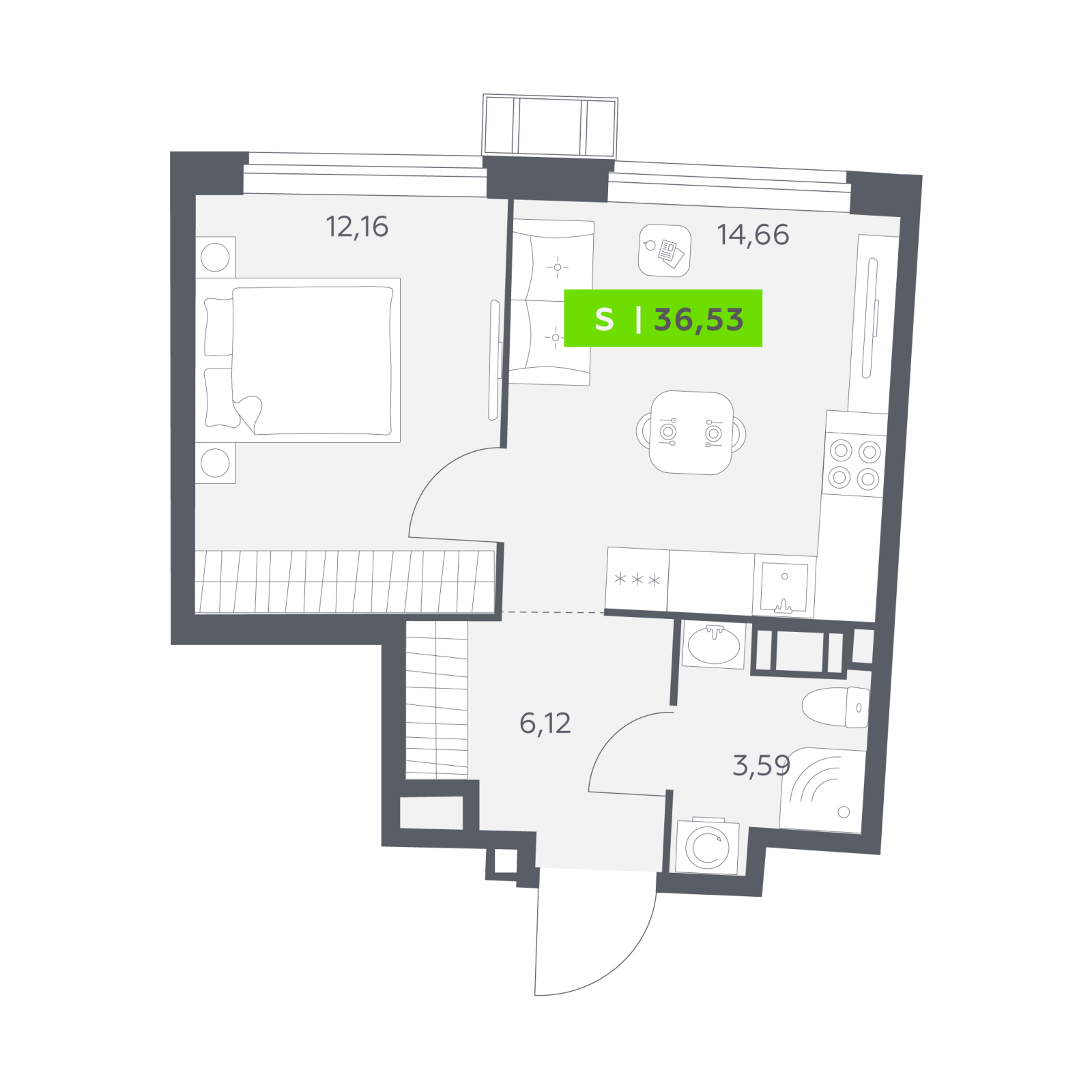 Планировка: 2-комнатная квартира, 36,5 м²