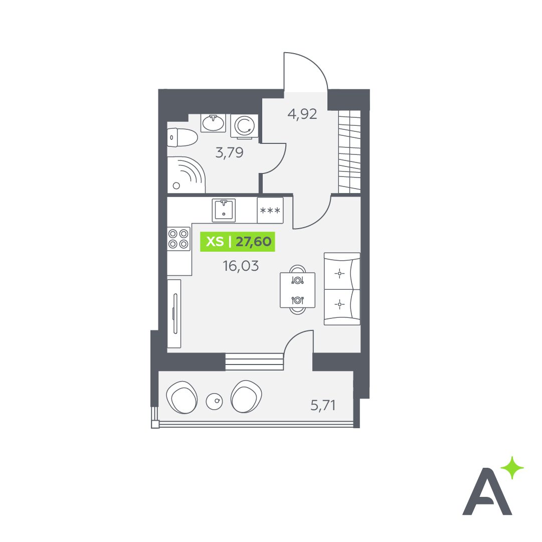 Планировка: студия, 27,6 м²