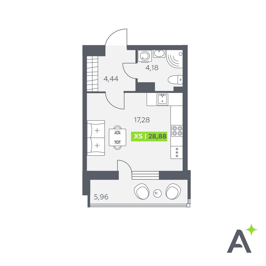 Планировка: студия, 28,9 м²