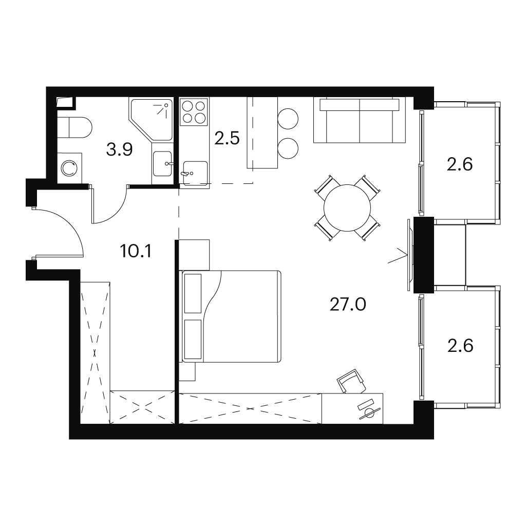 Планировка: студия, 48,7 м²