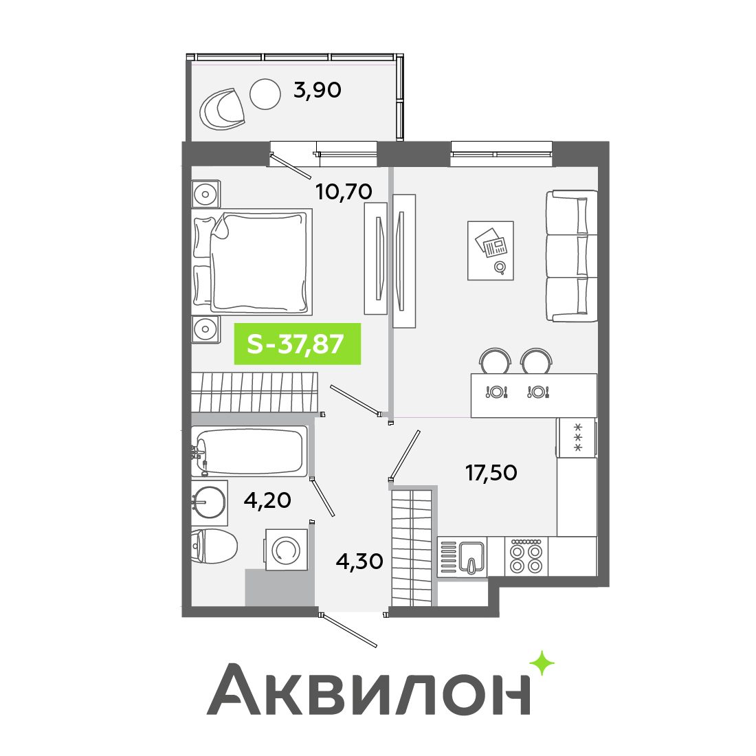 Планировка: 2-комнатная квартира, 37,9 м²