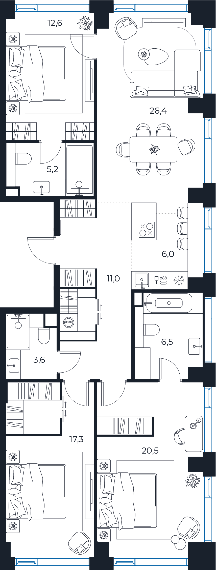 Планировка: 3-комнатная квартира, 109,1 м²