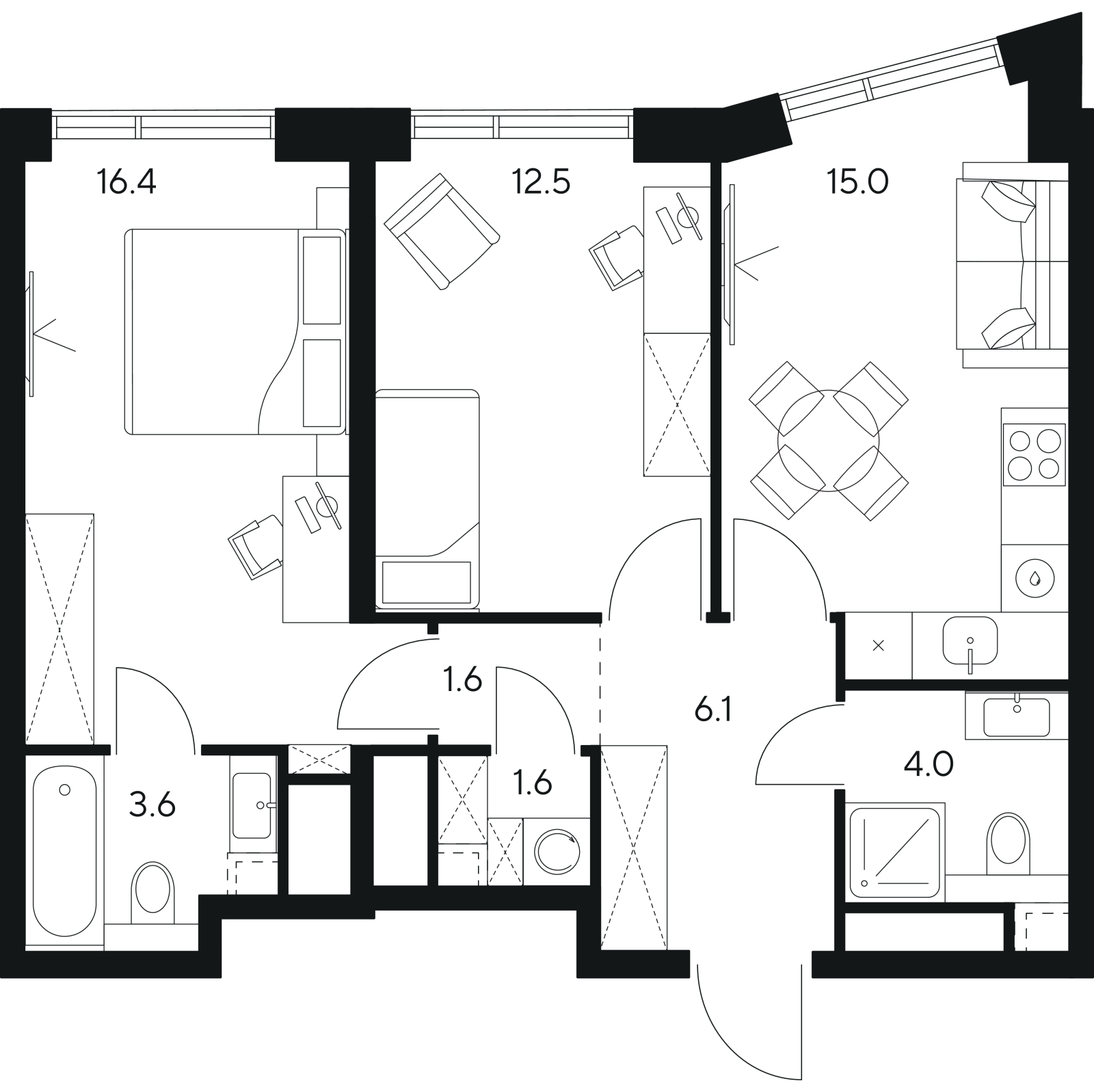 Планировка: 2-комнатная квартира, 60,8 м²