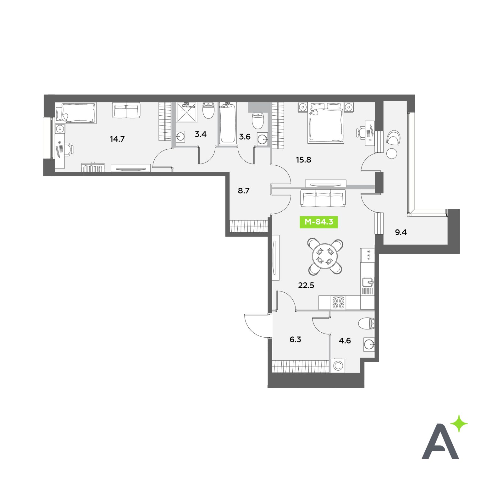 Планировка: 3-комнатная квартира, 84,3 м²