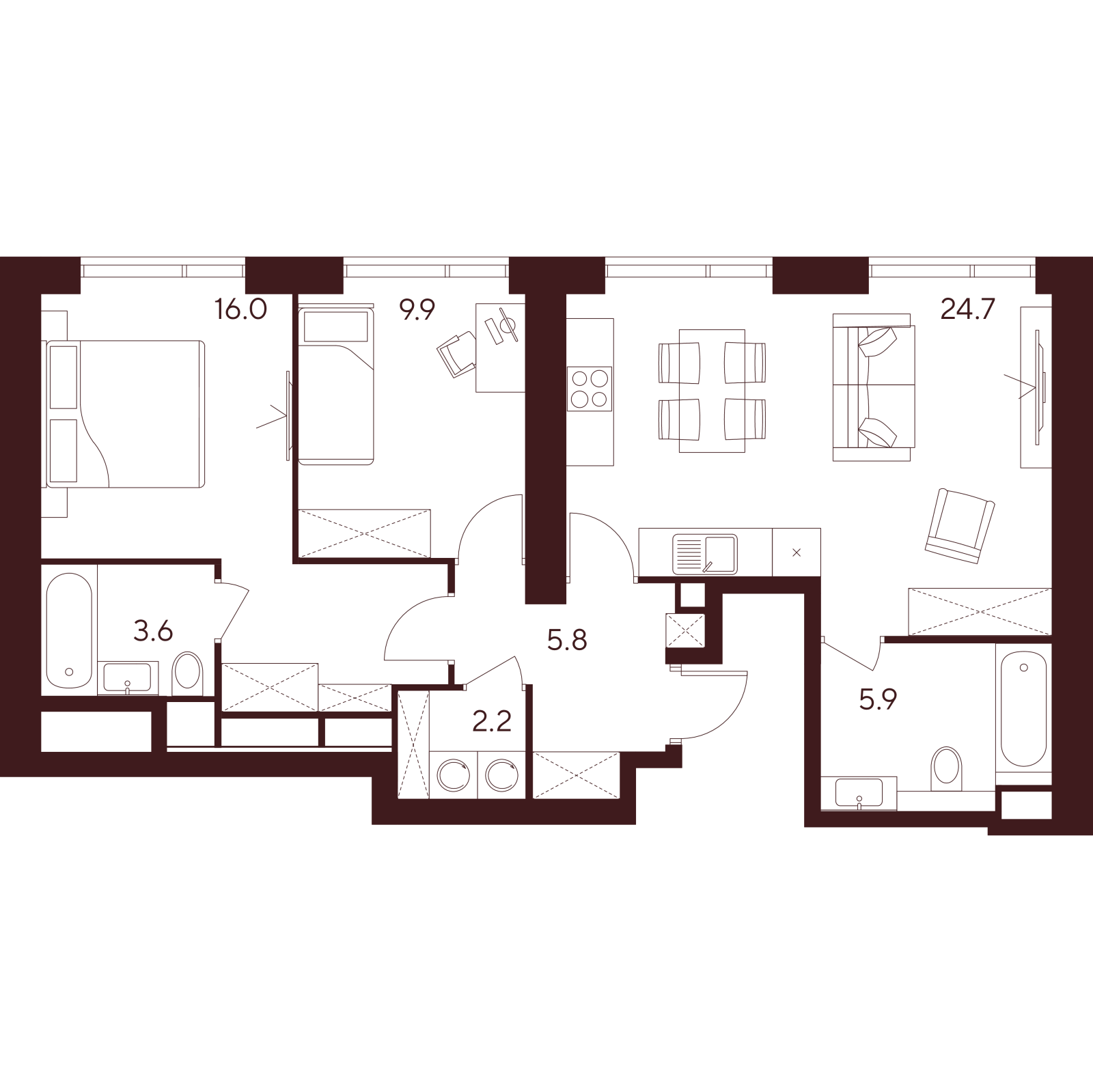 Планировка: 3-комнатная квартира, 68,1 м²