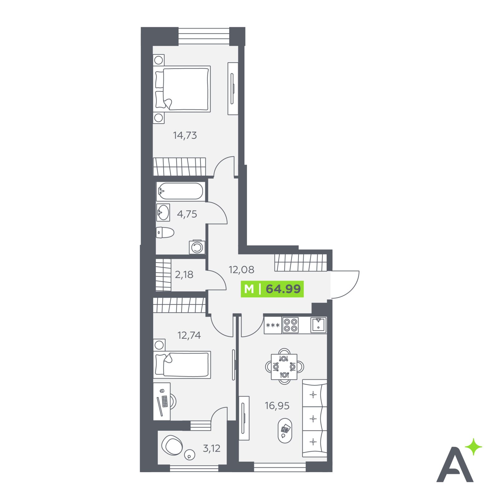 Планировка: 3-комнатная квартира, 65,0 м²