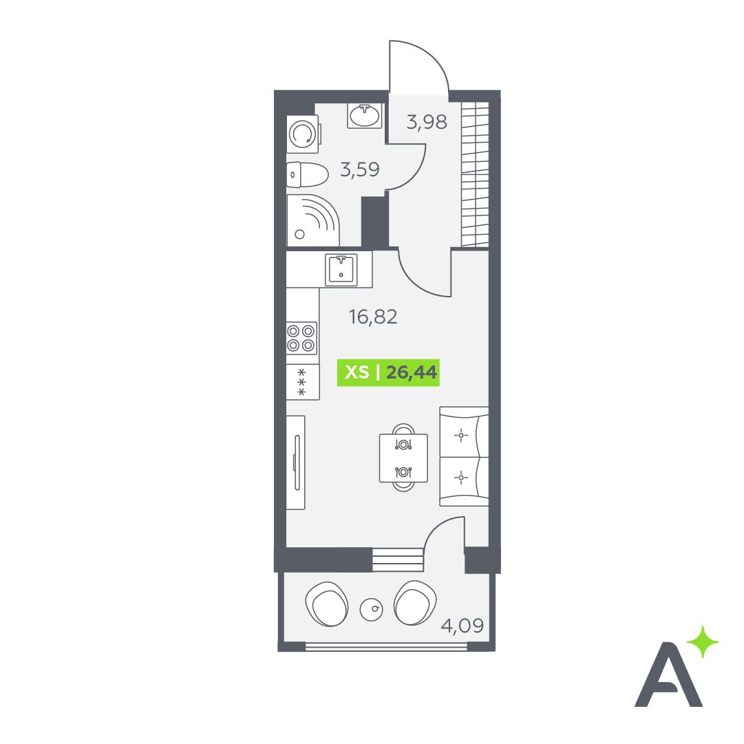 Планировка: студия, 26,4 м²