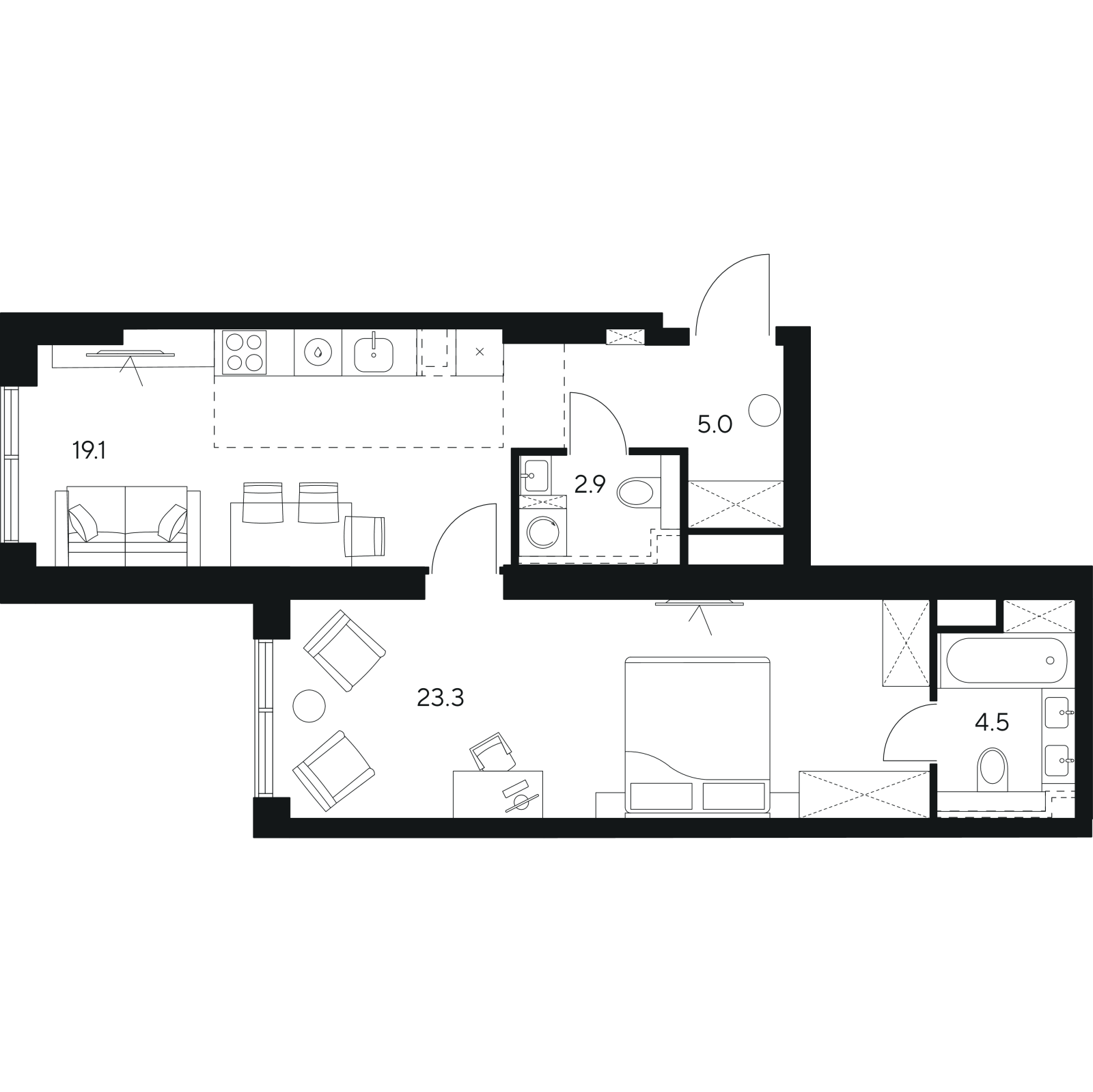 Планировка: 2-комнатная квартира, 54,8 м²