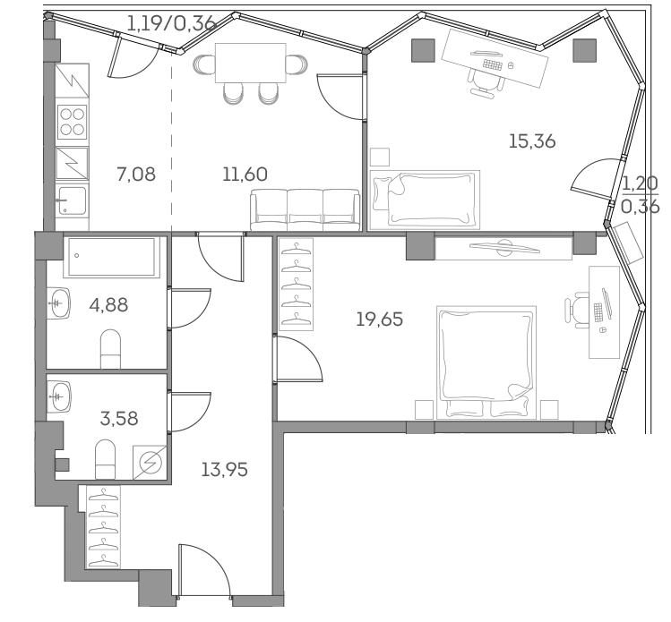 Планировка: 3-комнатная квартира, 76,8 м²