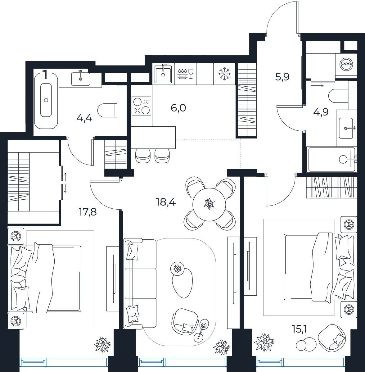 Планировка: 2-комнатная квартира, 72,5 м²