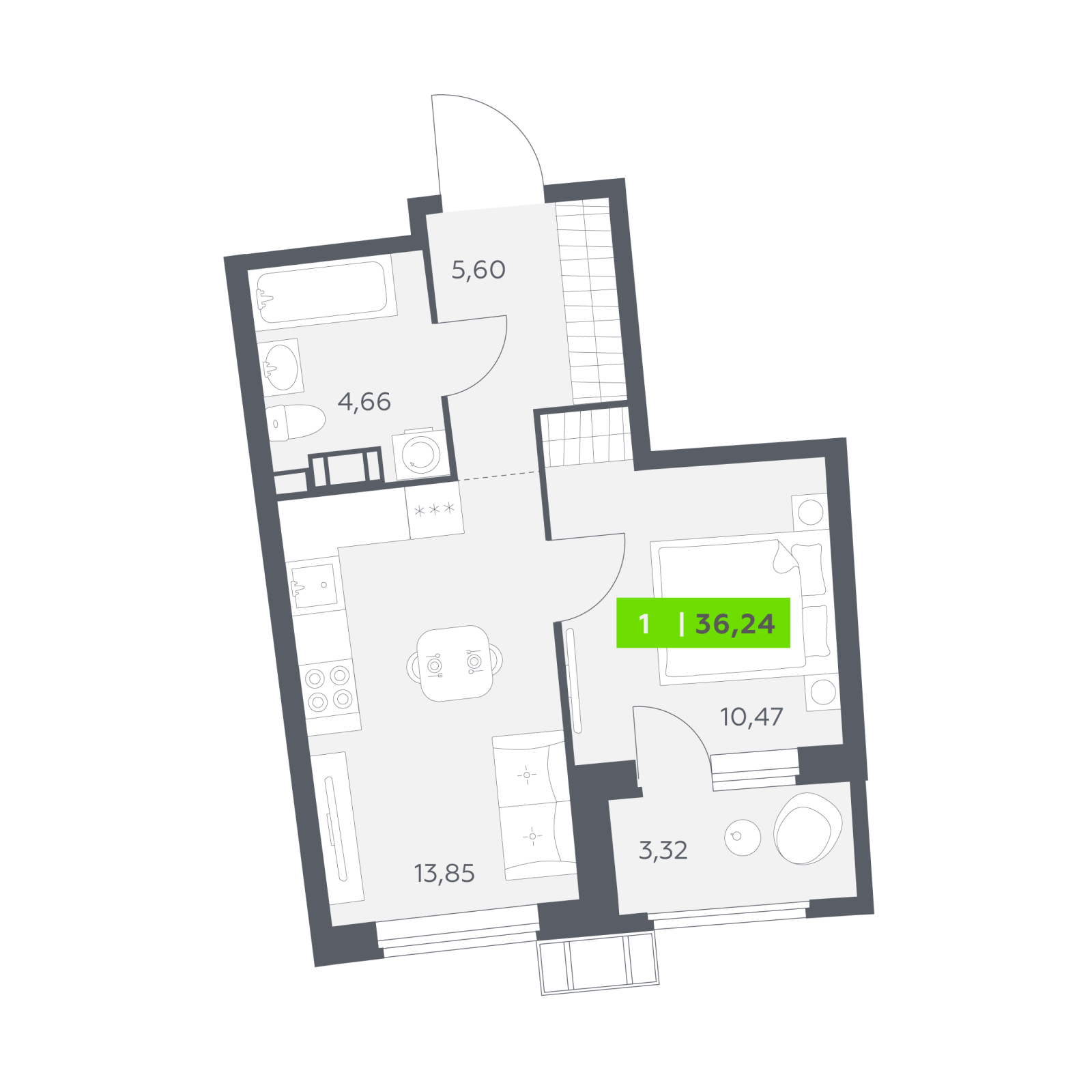 Планировка: 1-комнатная квартира, 36,2 м²