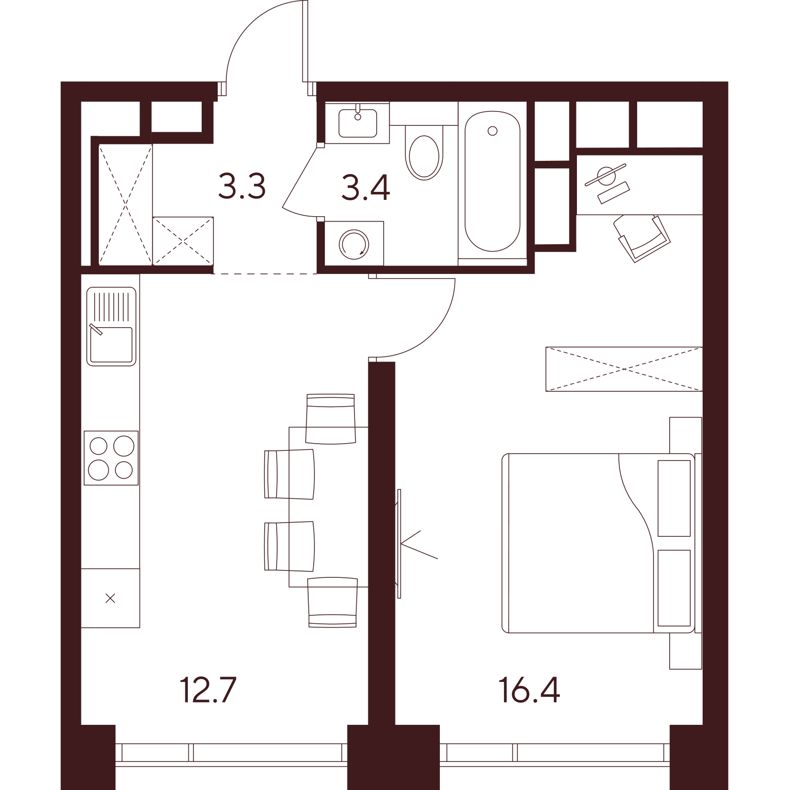 Планировка: 1-комнатная квартира, 35,8 м²