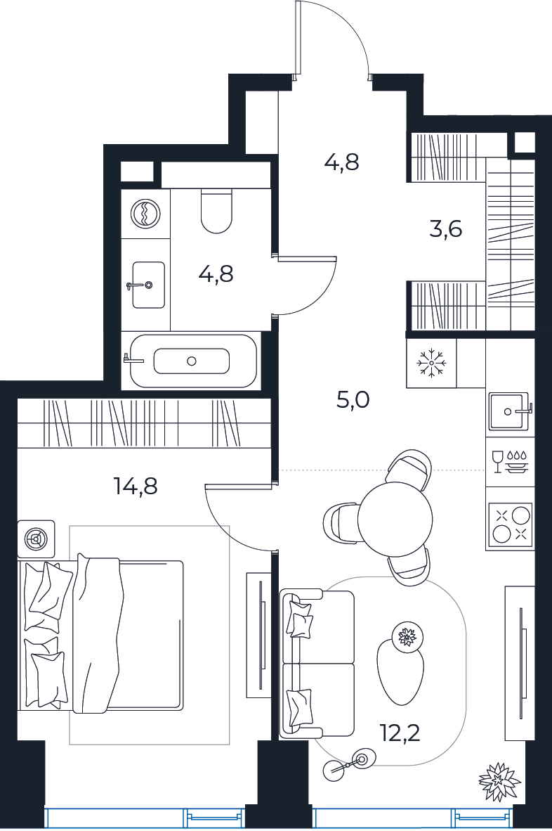 Планировка: 1-комнатная квартира, 45,2 м²