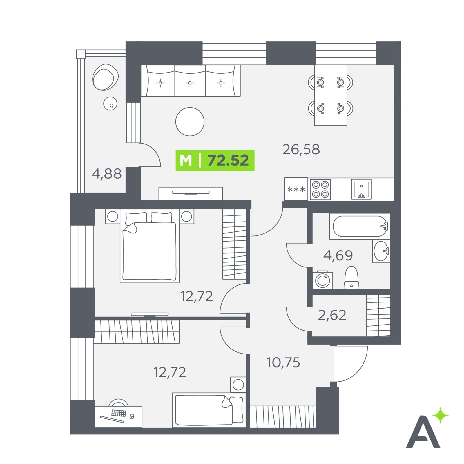 Планировка: 3-комнатная квартира, 72,5 м²