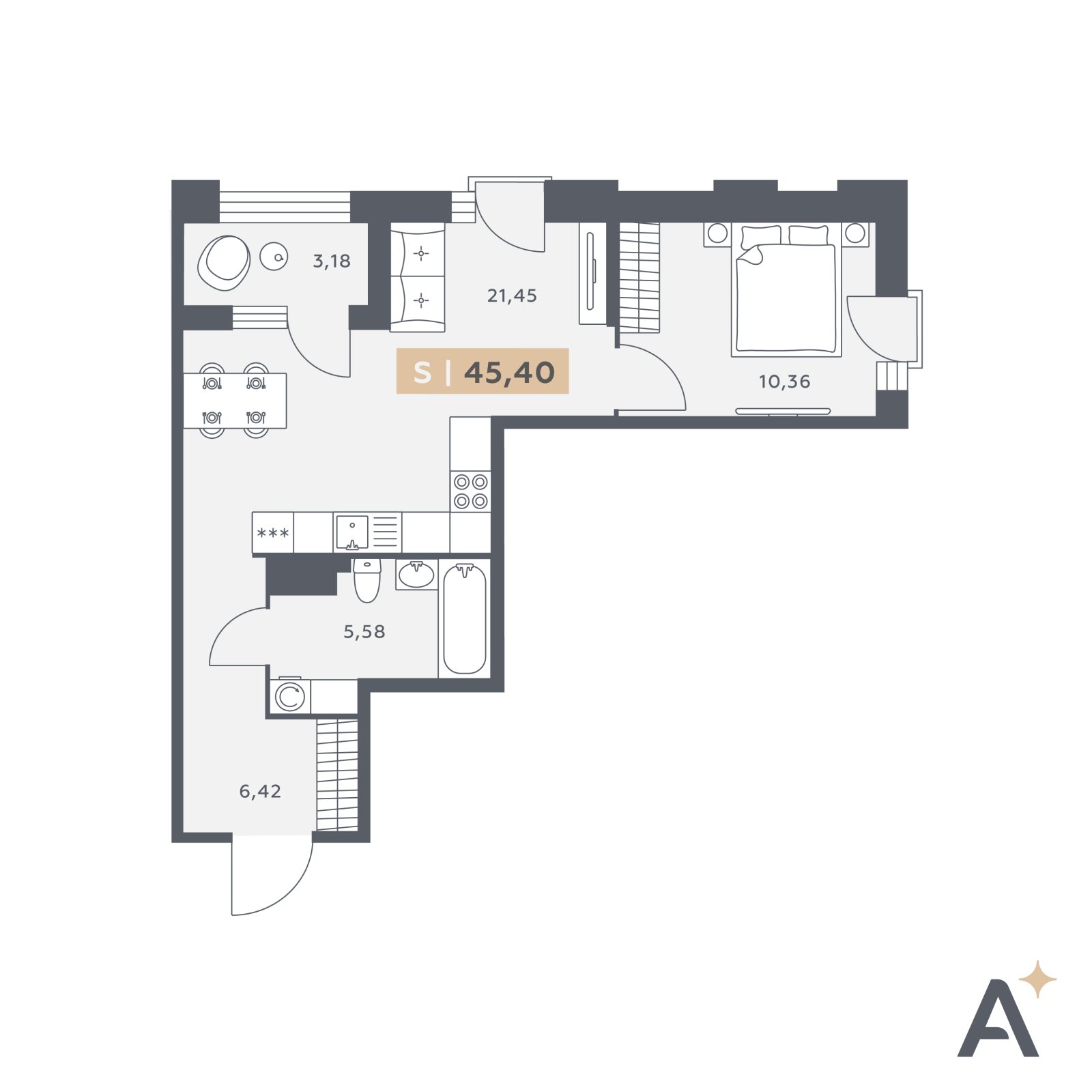 Планировка: 2-комнатная квартира, 45,4 м²