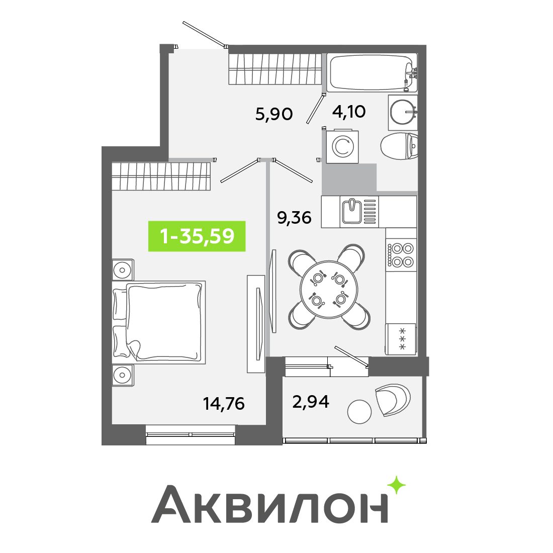 Планировка: 1-комнатная квартира, 35,6 м²
