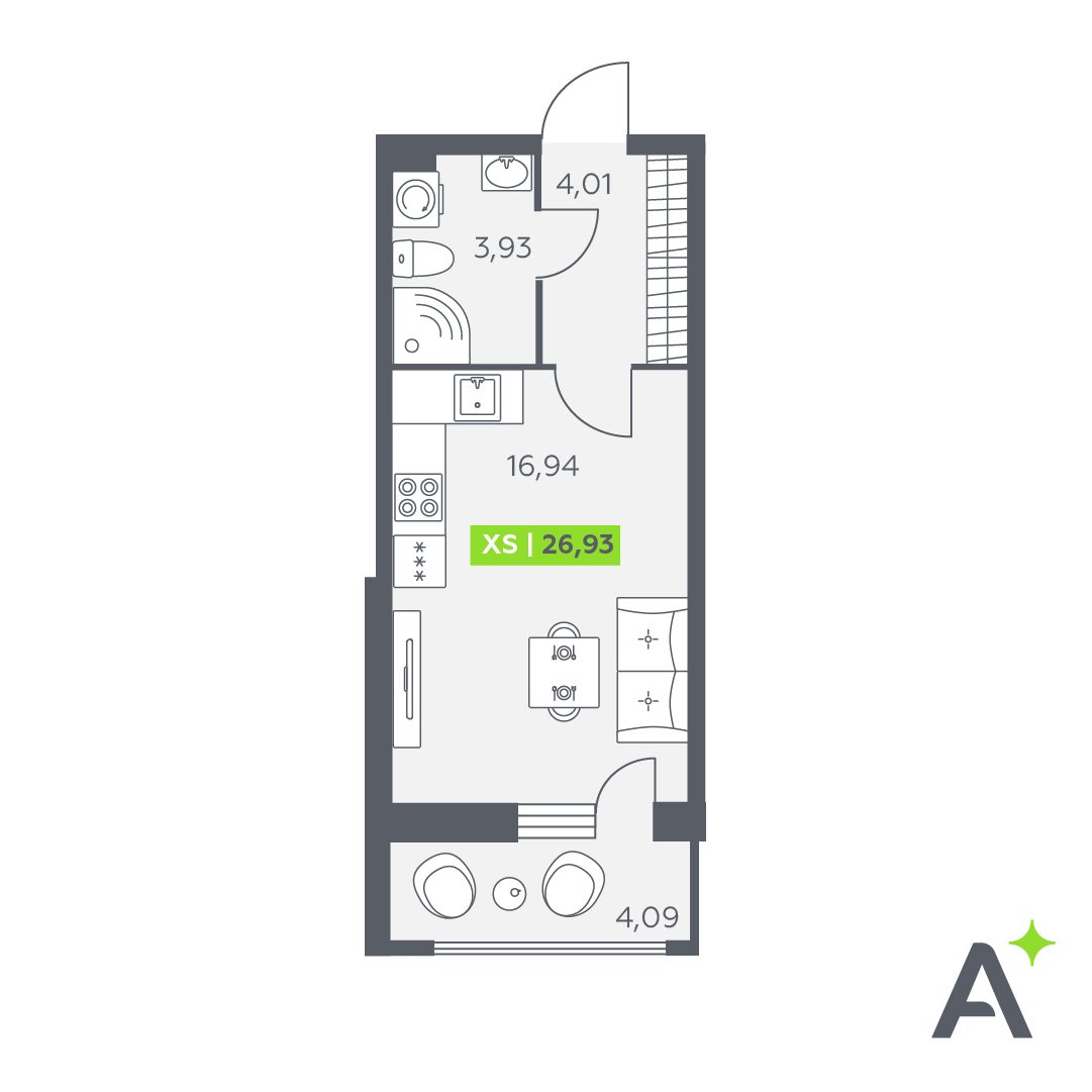 Планировка: студия, 26,9 м²