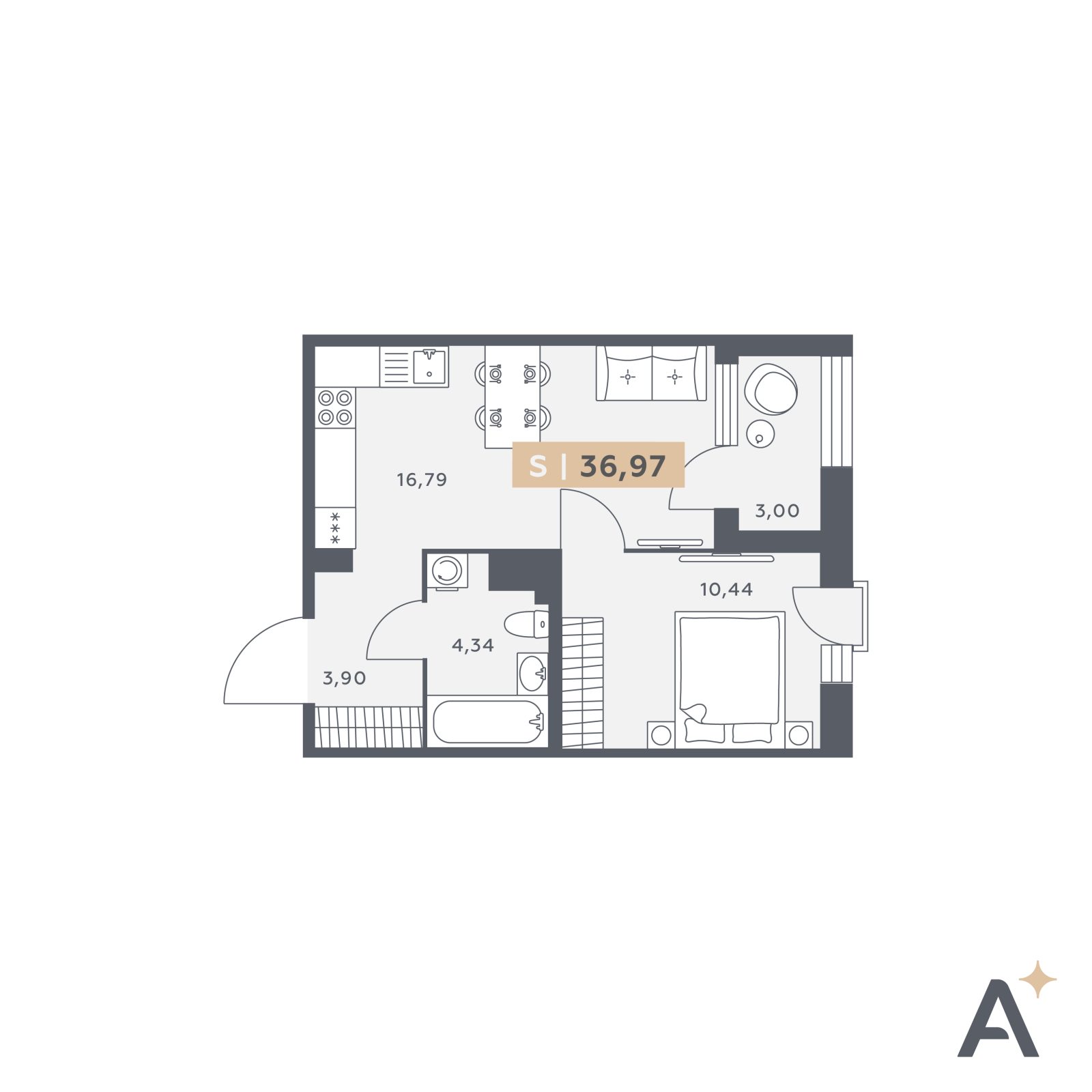Планировка: 2-комнатная квартира, 37,0 м²