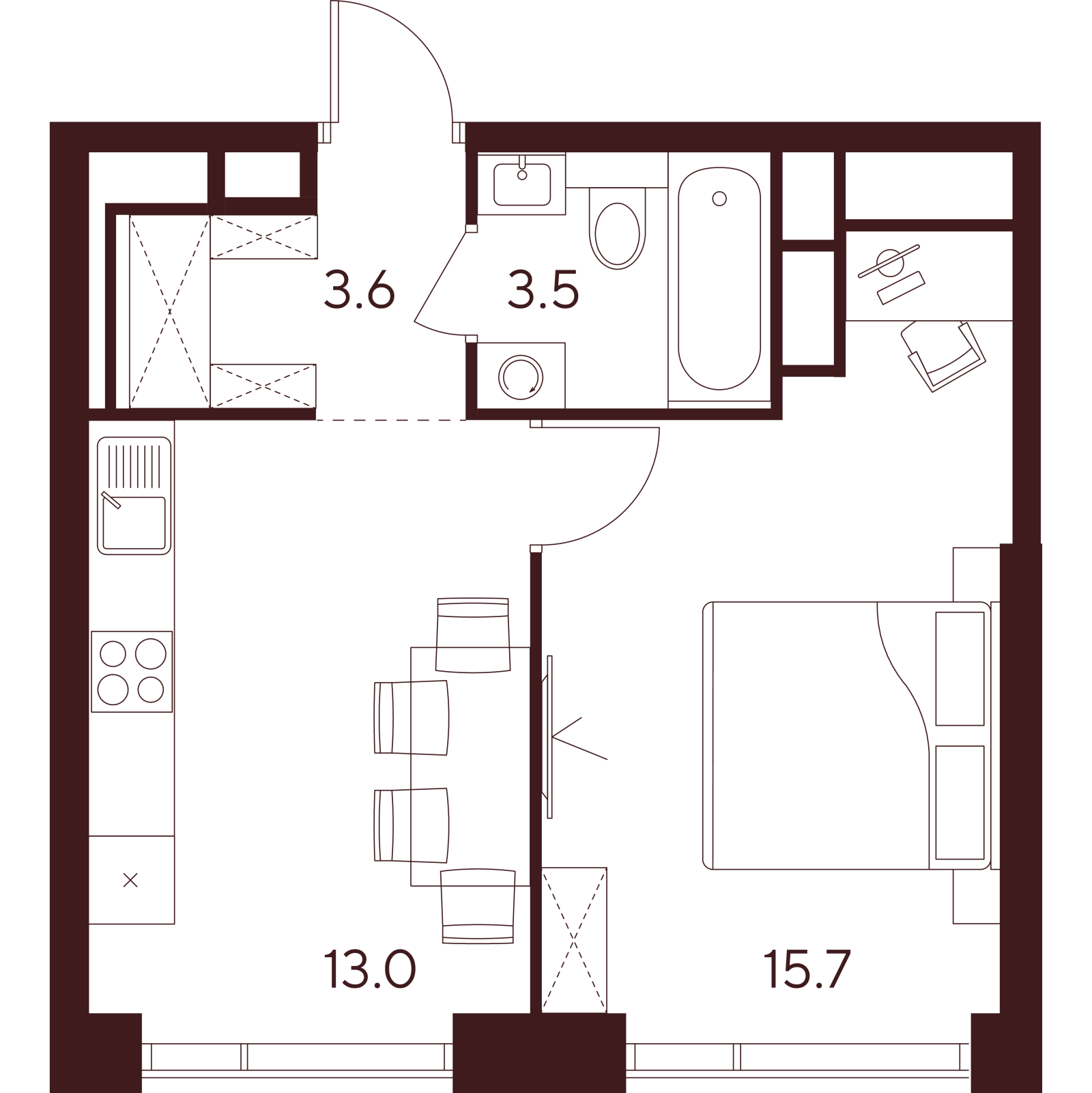 Планировка: 1-комнатная квартира, 35,8 м²