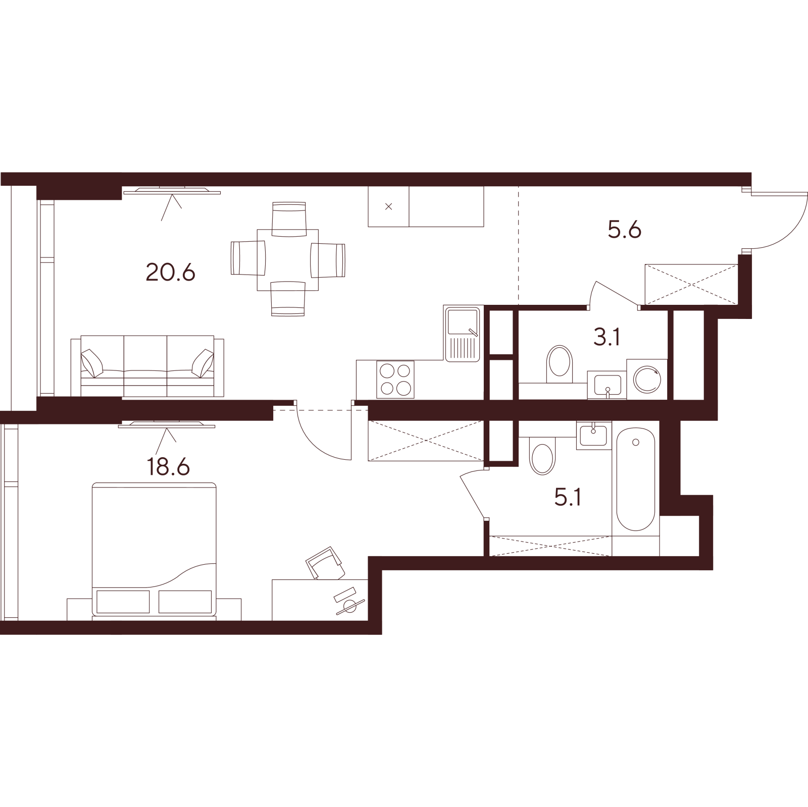 Планировка: 2-комнатная квартира, 53,0 м²